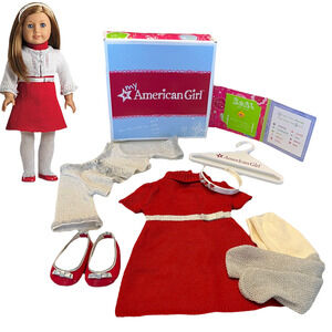 American Girl Red RUBY & RIBBON DRESS Outfit Cardigan Tights Shoes Dress BOX
